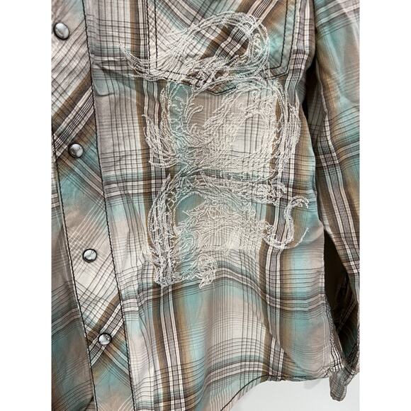 Plaid Embroidery Dragon Asian Pearl Snap M Cowboy Western Ranch Outdoor Rodeo - Picture 7 of 15